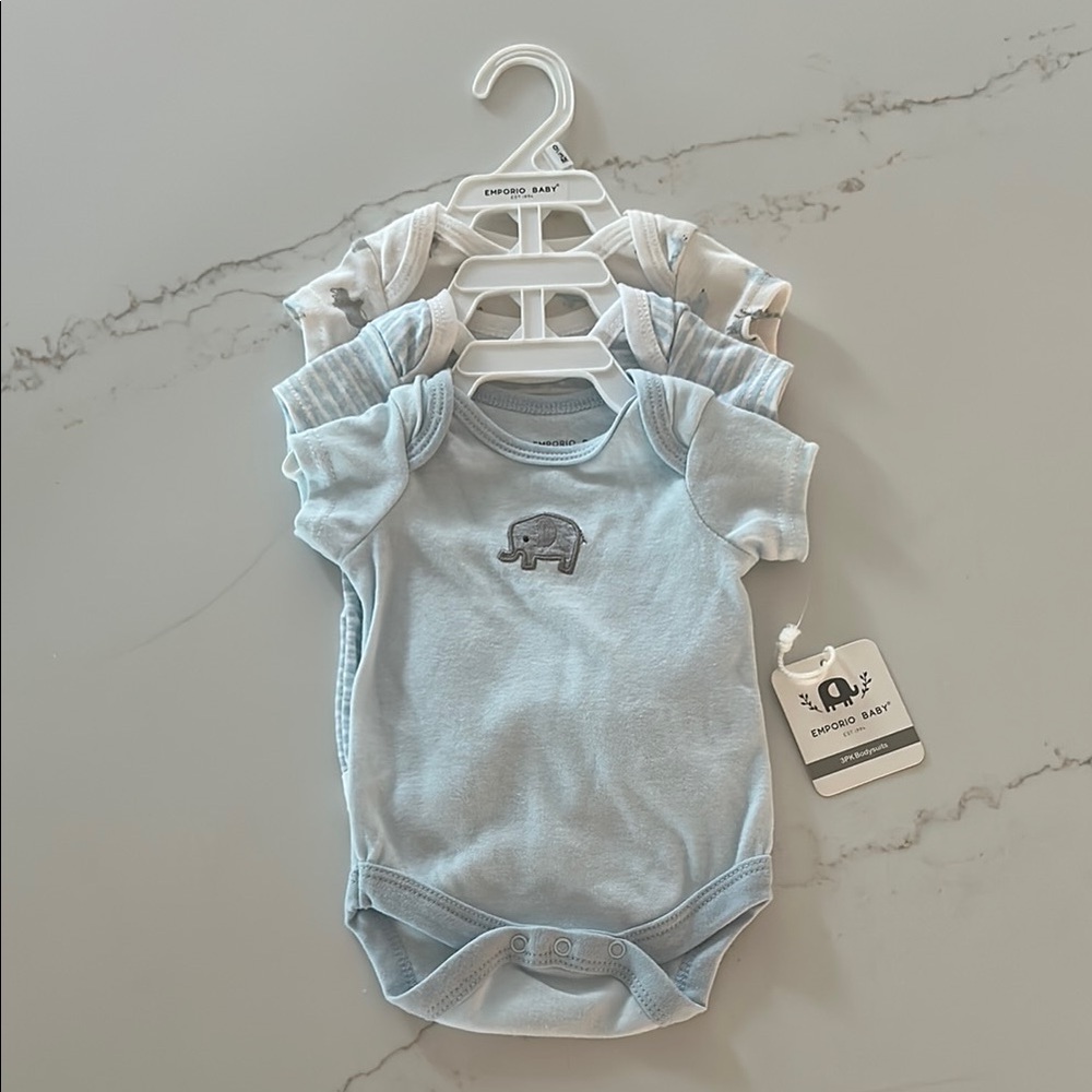 bundle 3 short sleeve bodysuits elephant and striped light blue size 0-3months